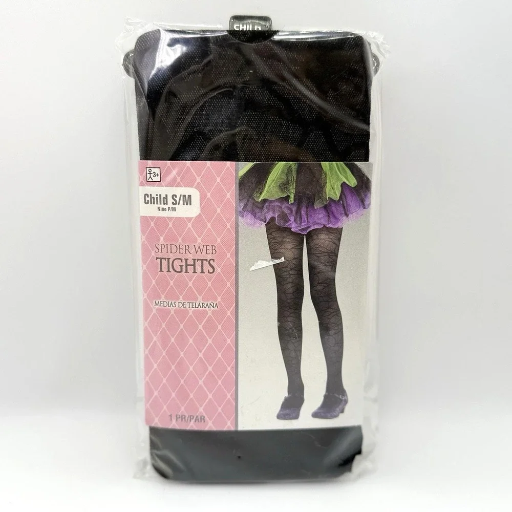 Child S/M Spider Web‎ Tights Black Costume Hosiery Halloween Up to 65 lbs NWT